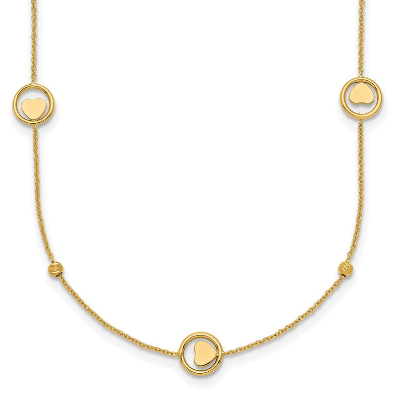 14K Gelbgold Poliert Herz in Kreis mit Diamantiert Perlen 7-station 16.75 Zoll Halskette