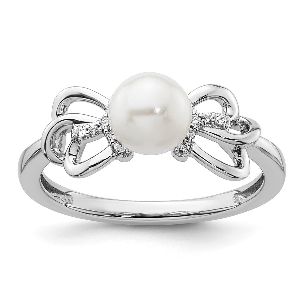 14K Weißgold Ring, poliert, mit Diamant und Perle