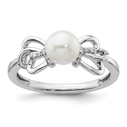14K Weißgold Ring, poliert, mit Diamant und Perle