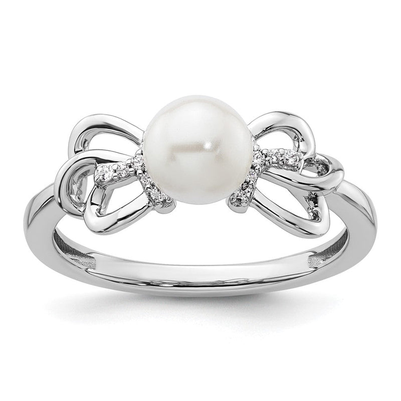 14K Weißgold Ring, poliert, mit Diamant und Perle