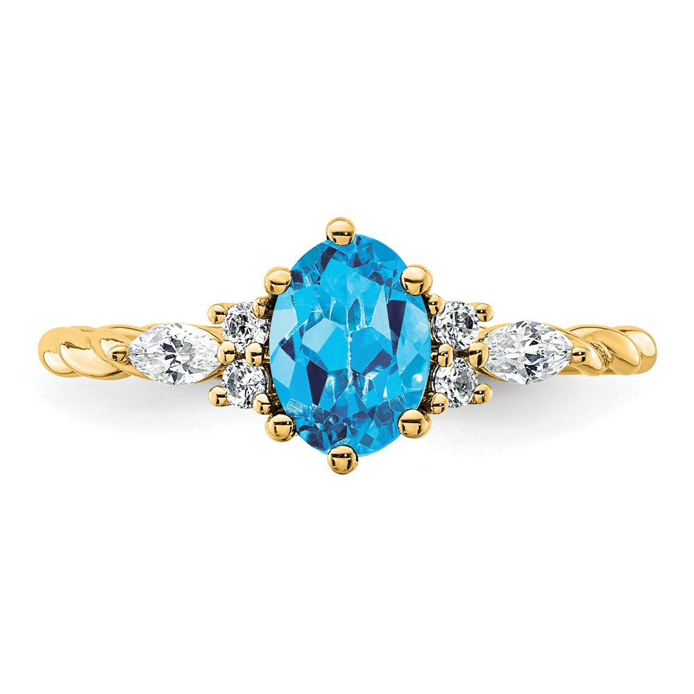 14K Gelbgold Ring mit Diamanten und 7x5 ovalem Dezember-/Blautopas, Größe 7, gedreht