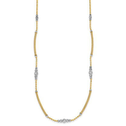 14K Bicolor Gold Geflochten Bars und Diamantiert Perlen 16.75 Zoll Halskette