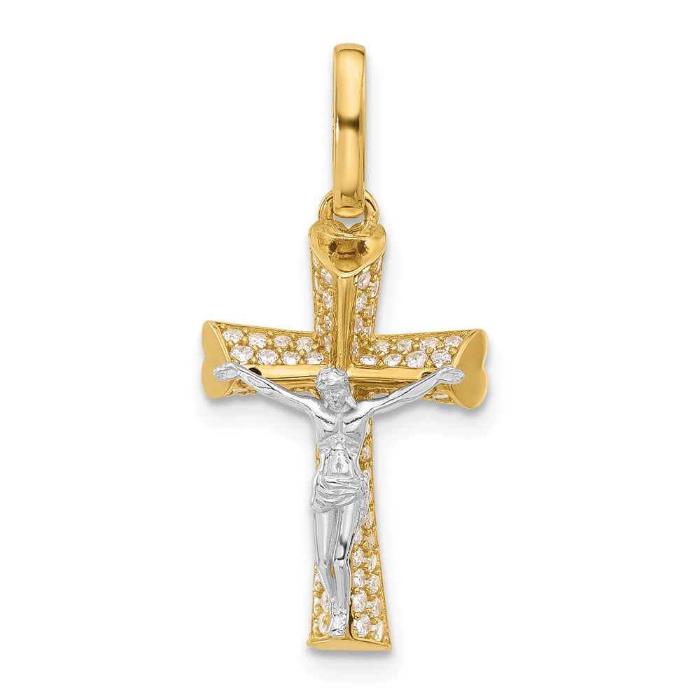 14K Bicolor Gold Zweifarbiger Polierter Zirkonia-Kruzifix-Anhänger mit Herzenden