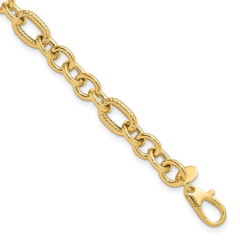 14K Gelbgold Poliert und Strukturiert 6.4mm Fantasieglieder 7.5 Zoll Armband