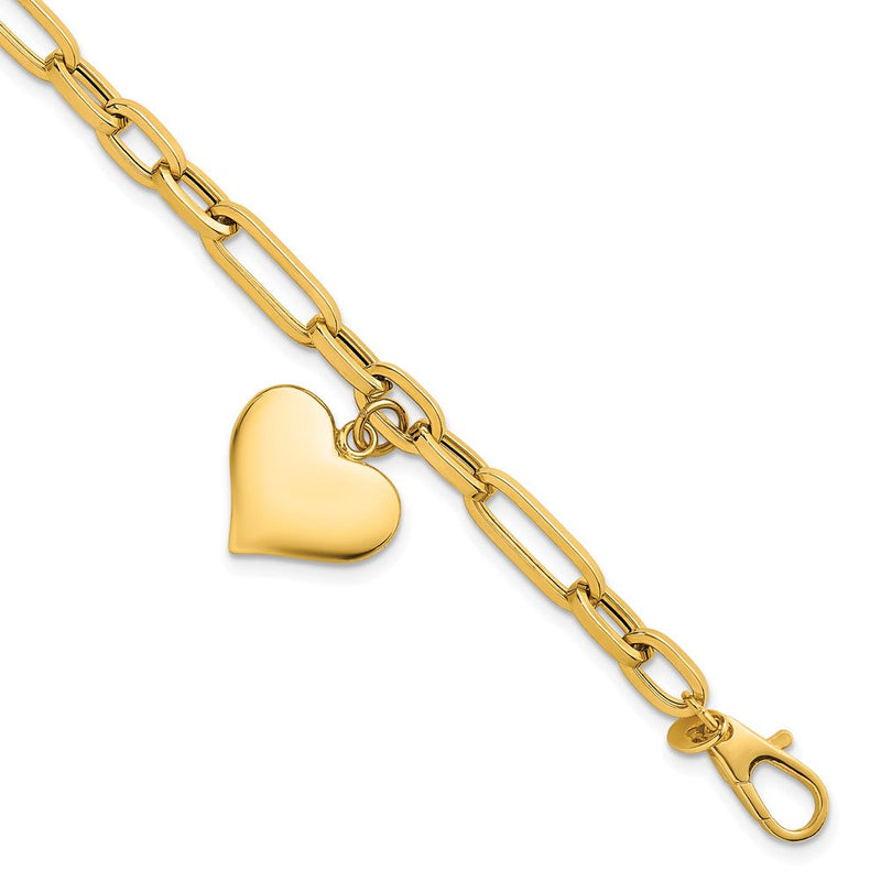 14K Gelbgold Poliert Büroklammer Figaro Glieder mit Gewölbt Herz Hängend 7.5 Zoll Armband