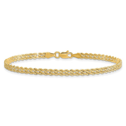 14K Gelbgold 3.0mm Breit Diamantiert Doppelt Kordel Gliederarmband