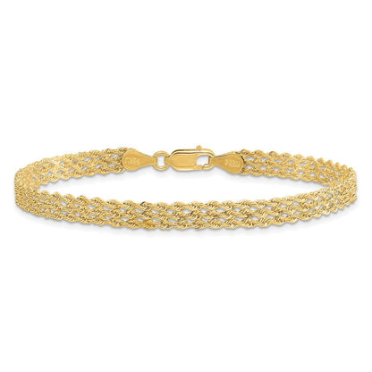 14K Gelbgold 4.5mm Breit Diamantiert Dreifach Kordel Gliederarmband