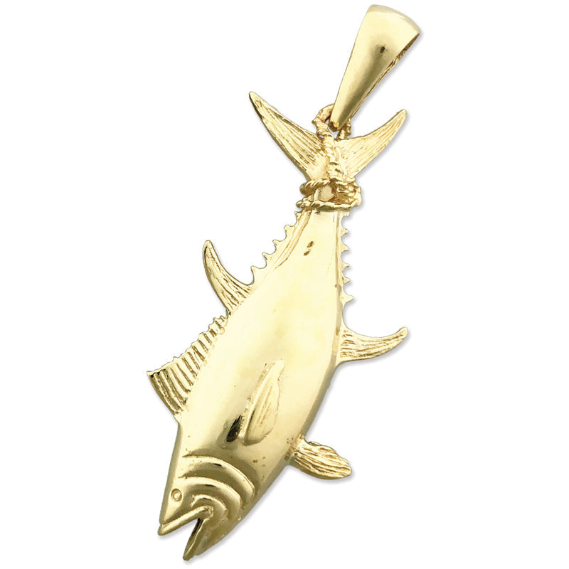 14K Gold 3D-Thunfisch-Anhänger mit an Seil gebundener Flosse