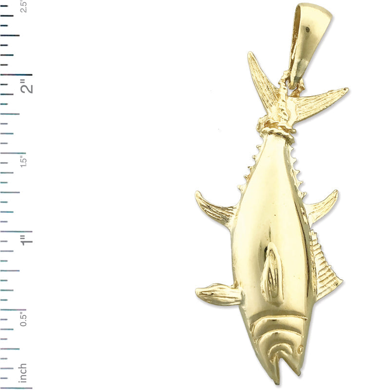 14K Gold 3D-Thunfisch-Anhänger mit an Seil gebundener Flosse