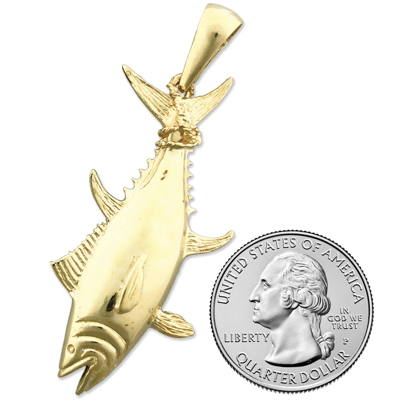 14K Gold 3D-Thunfisch-Anhänger mit an Seil gebundener Flosse