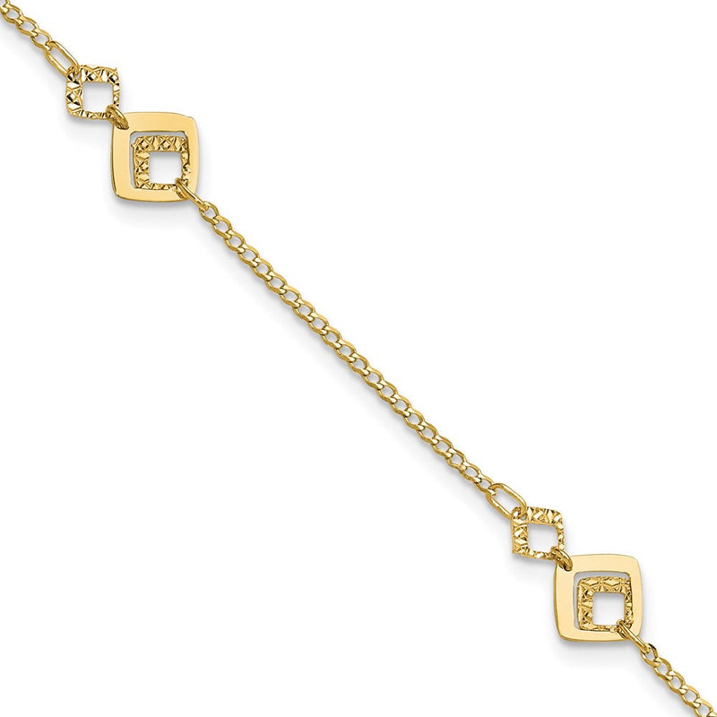 14K Gelbgold Strukturiert Squares 9 Zoll Plus 1 Zoll Verlängerung - Total 10 Zoll Fußkettchen
