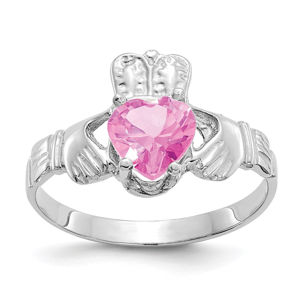14K Weißgold October Zirkonia Herz Geburtsstein Claddagh Ring