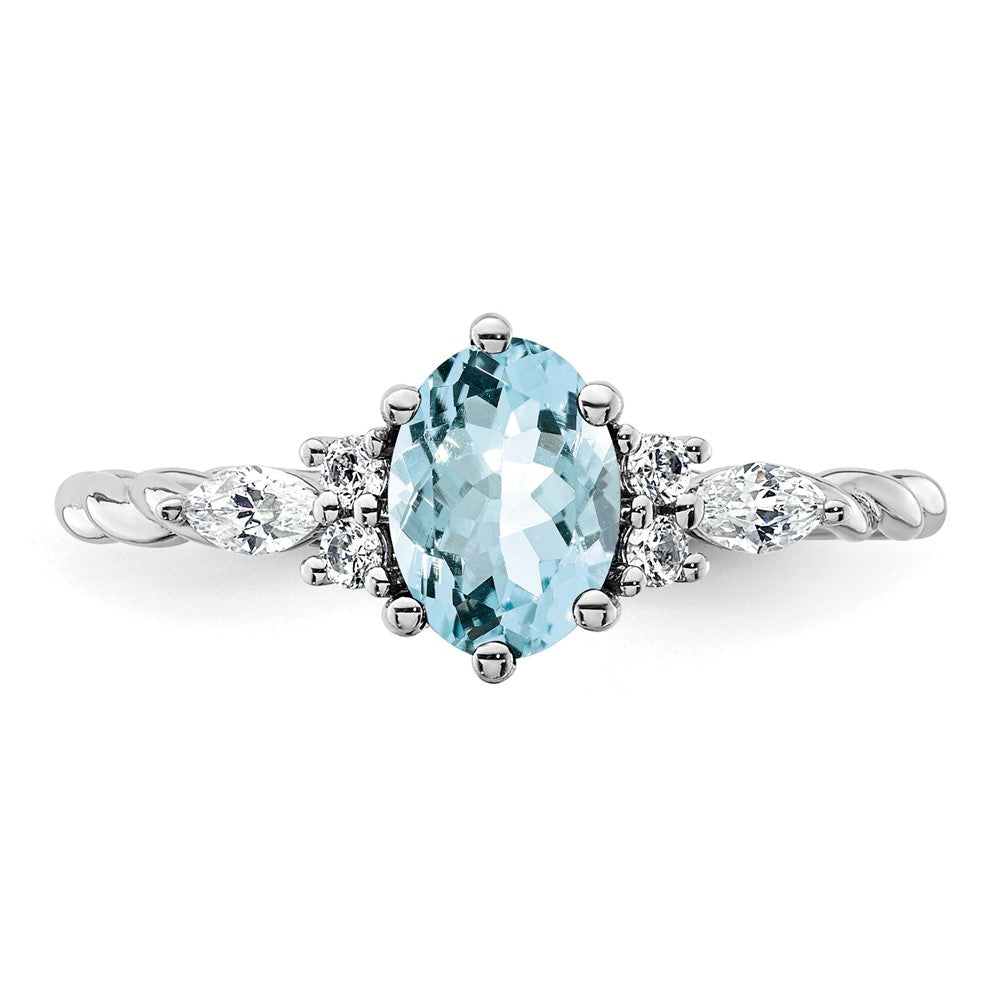 14K Weißgold Ring mit Diamant und 7x5 ovalem März/Aquamarin, Größe 7, verschlungen