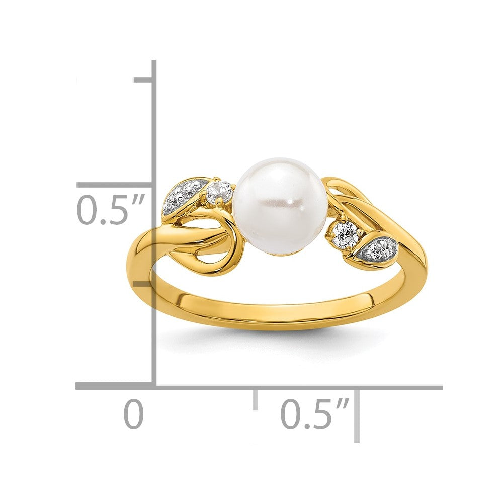 14K Gelbgold Poliert Ring mit 0,067 Karat Diamant und Süßwasser-Zuchtperle, Größe 7