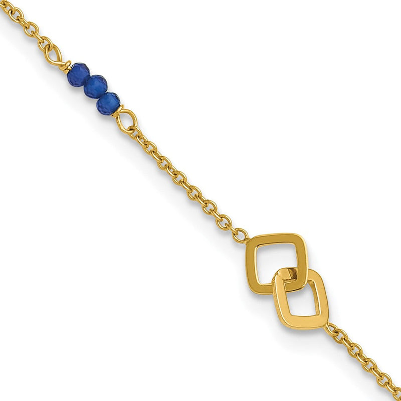 14K Gelbgold Poliert Blau Spinell Perlen und Squares 9 Zoll Plus 1 Zoll Verlängerung - Total 10 Zoll Fußkettchen