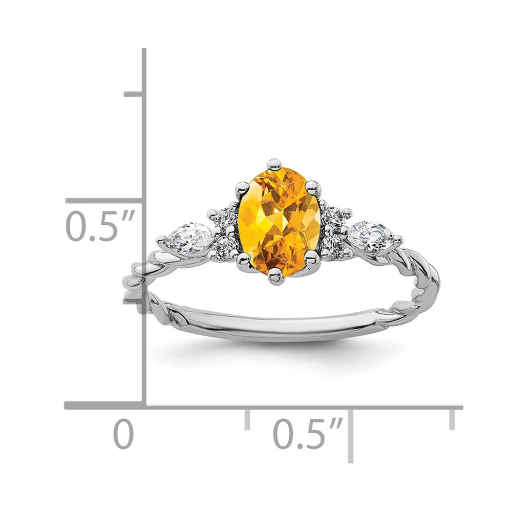14K Weißgold Ring mit Diamant und ovalem Citrin (November) 7x5, gedreht, Größe 7