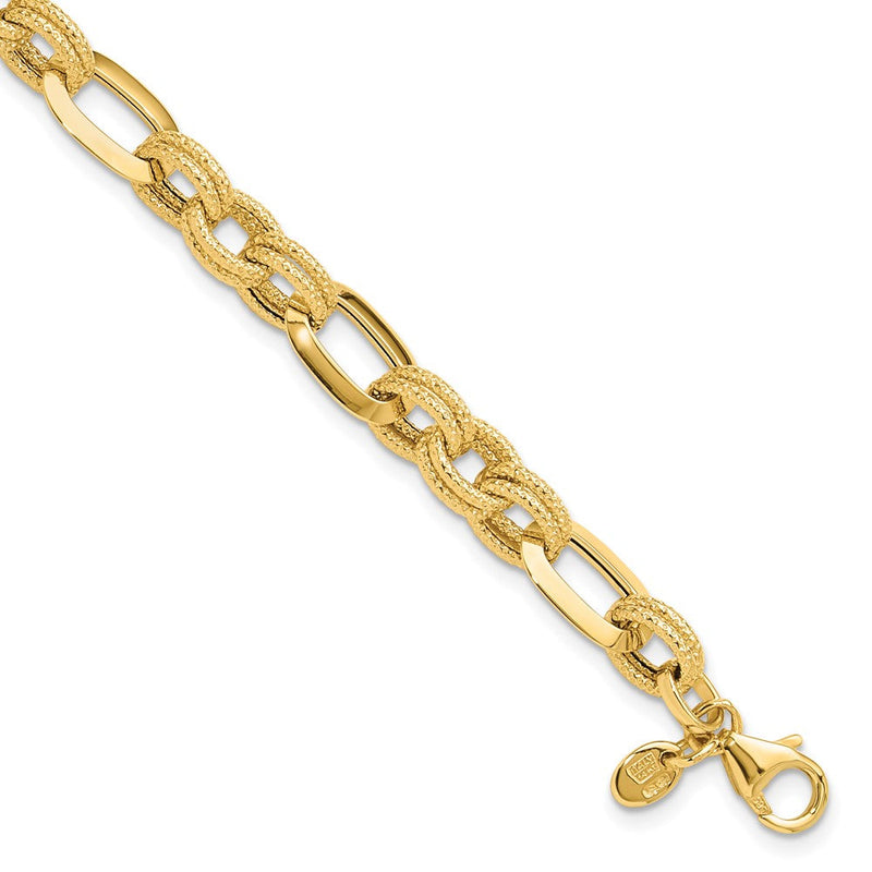 14K Gelbgold Poliert und Strukturiert 7.8mm Fantasieglieder Gliederarmband