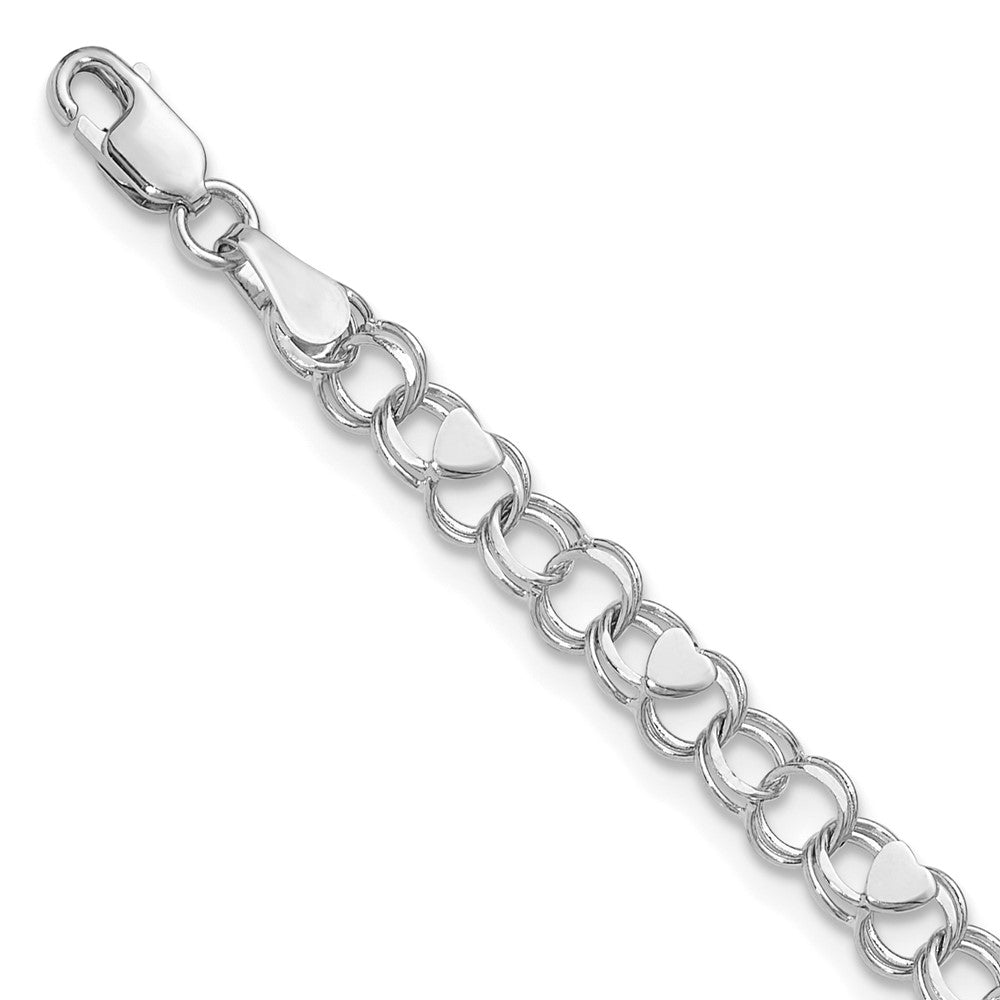 14K Weißgold 4mm Massiv Doppelt Glieder mit Herzen Charm Armband