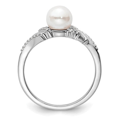 14K Weißgold Ring, poliert, mit 0,1K Diamant und weißer Süßwasser-Zuchtperle, Größe 7