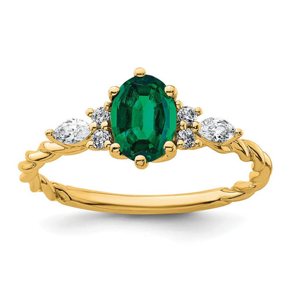 14K Gelbgold Ring mit Diamant und 7x5 ovalem synthetischem Mai-Smaragd, Größe 7, gedreht