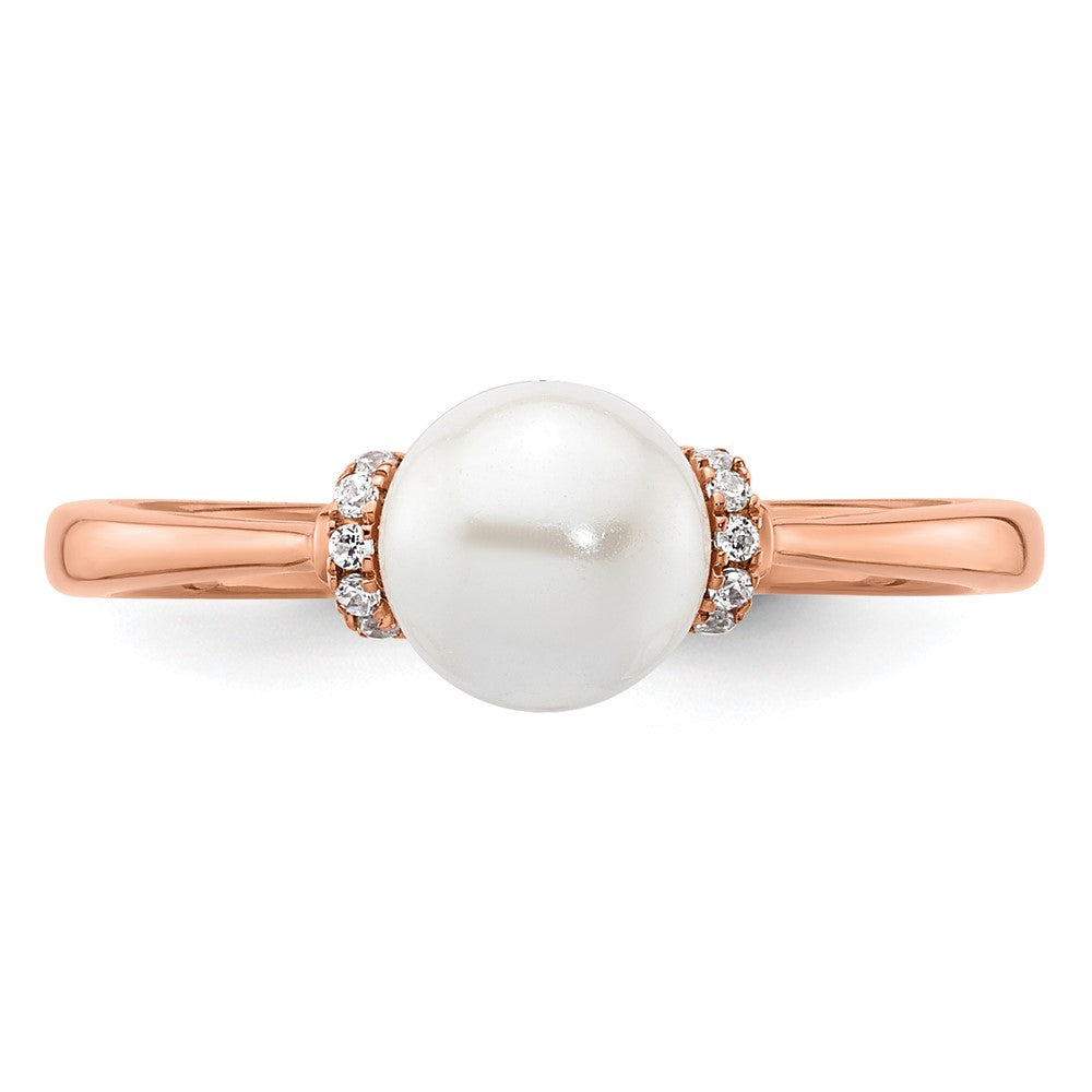 14K Roségold Ring, poliert, mit 0,067 Karat Diamant und weißer Süßwasser-Zuchtperle, Größe 7