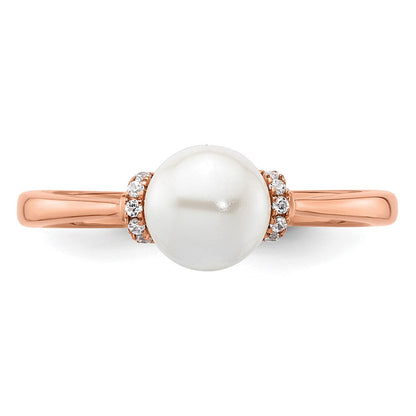 14K Roségold Ring, poliert, mit 0,067 Karat Diamant und weißer Süßwasser-Zuchtperle, Größe 7