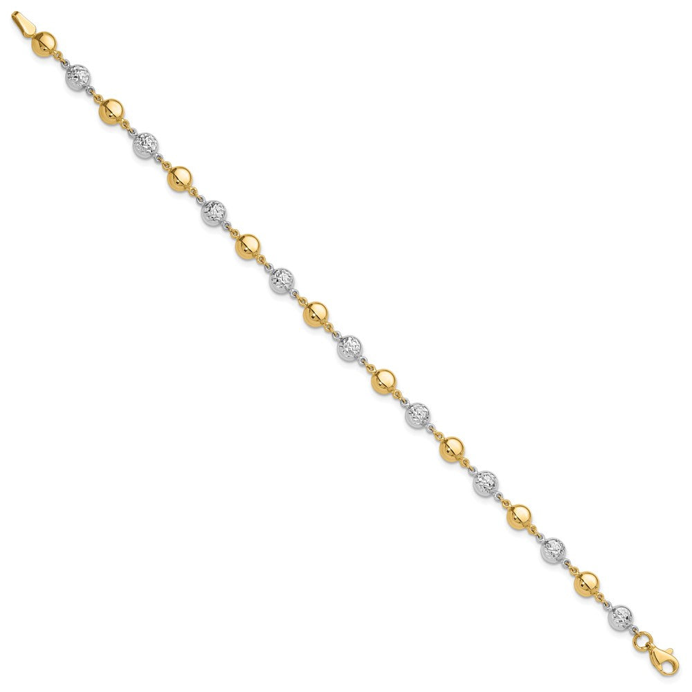 14K Bicolor Gold Bicolor Poliert und Diamantiert Gewölbt Perlen 7.75 Zoll Armband