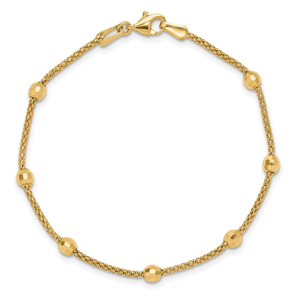 14K Gelbgold Poliert 7-station Mirror Perlen und Kette 7 Zoll Armband