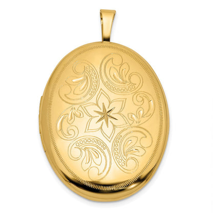 14K Gelbgold Poliert Blumen Scrolled 20mm Oval Medaillon