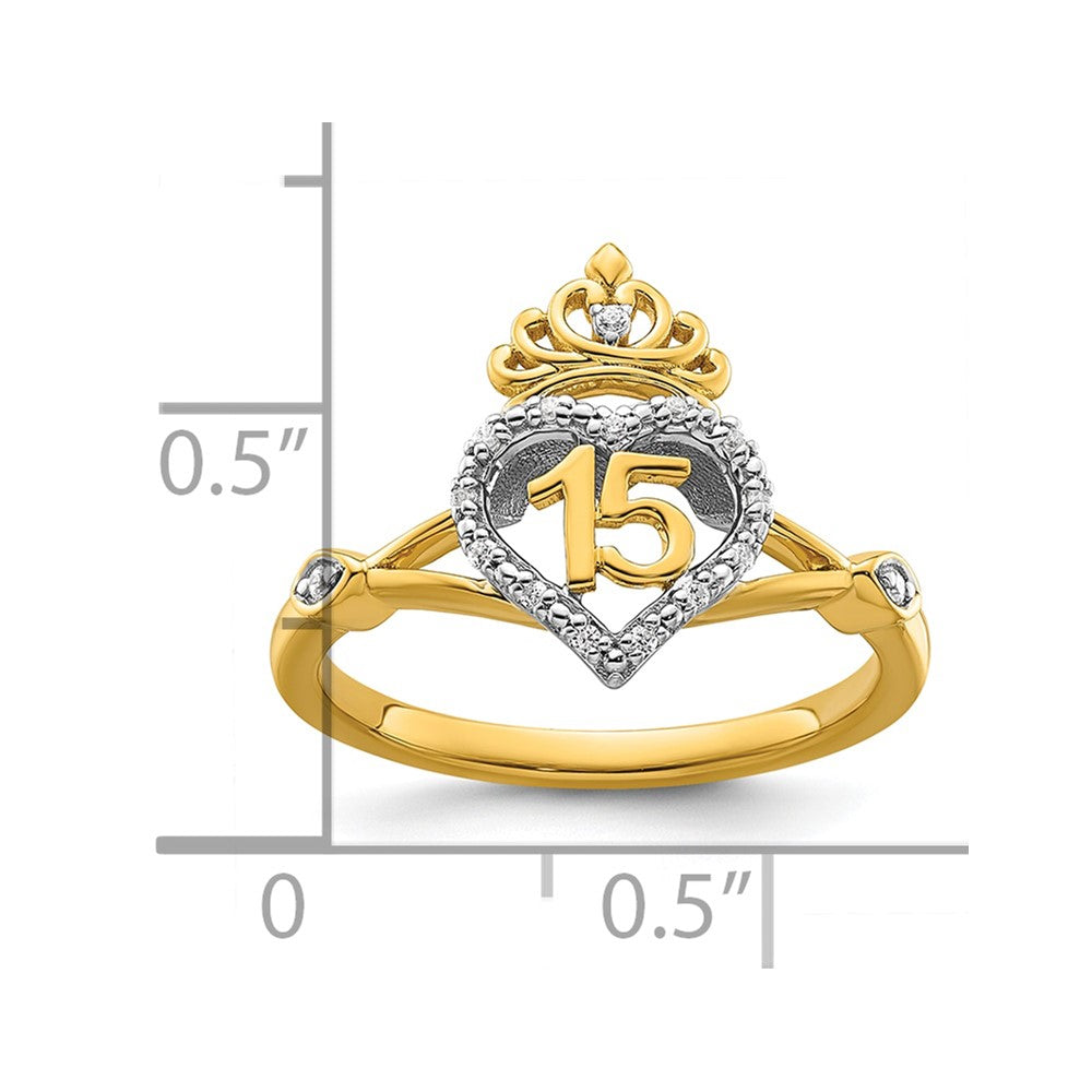 14K Bicolor Gold Polierter Diamant-Ring mit Herz/Krone-Motiv "Quinceañera"