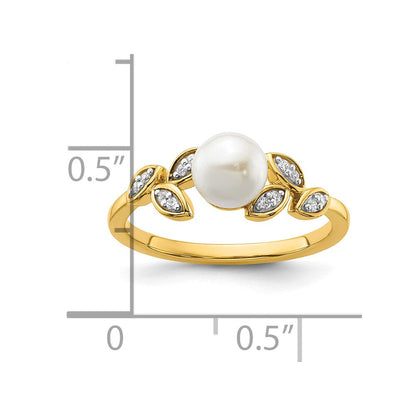 14K Gelbgold Ring mit poliertem Blattdesign, 0,05K Diamant und Süßwasser-Zuchtperle, Größe 7