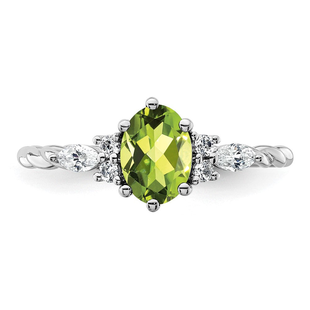 14K Weißgold Ring mit Diamant und 7x5 ovalem August/Peridot, gedreht, Größe 7