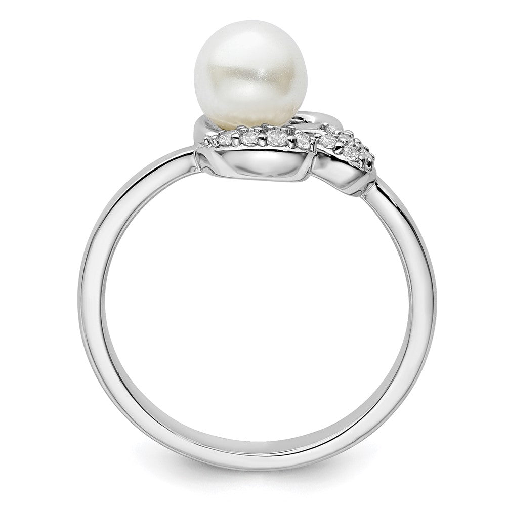 14K Weißgold Ring, poliert, mit 0,10K Diamant und weißer Süßwasser-Zuchtperle, Größe 7