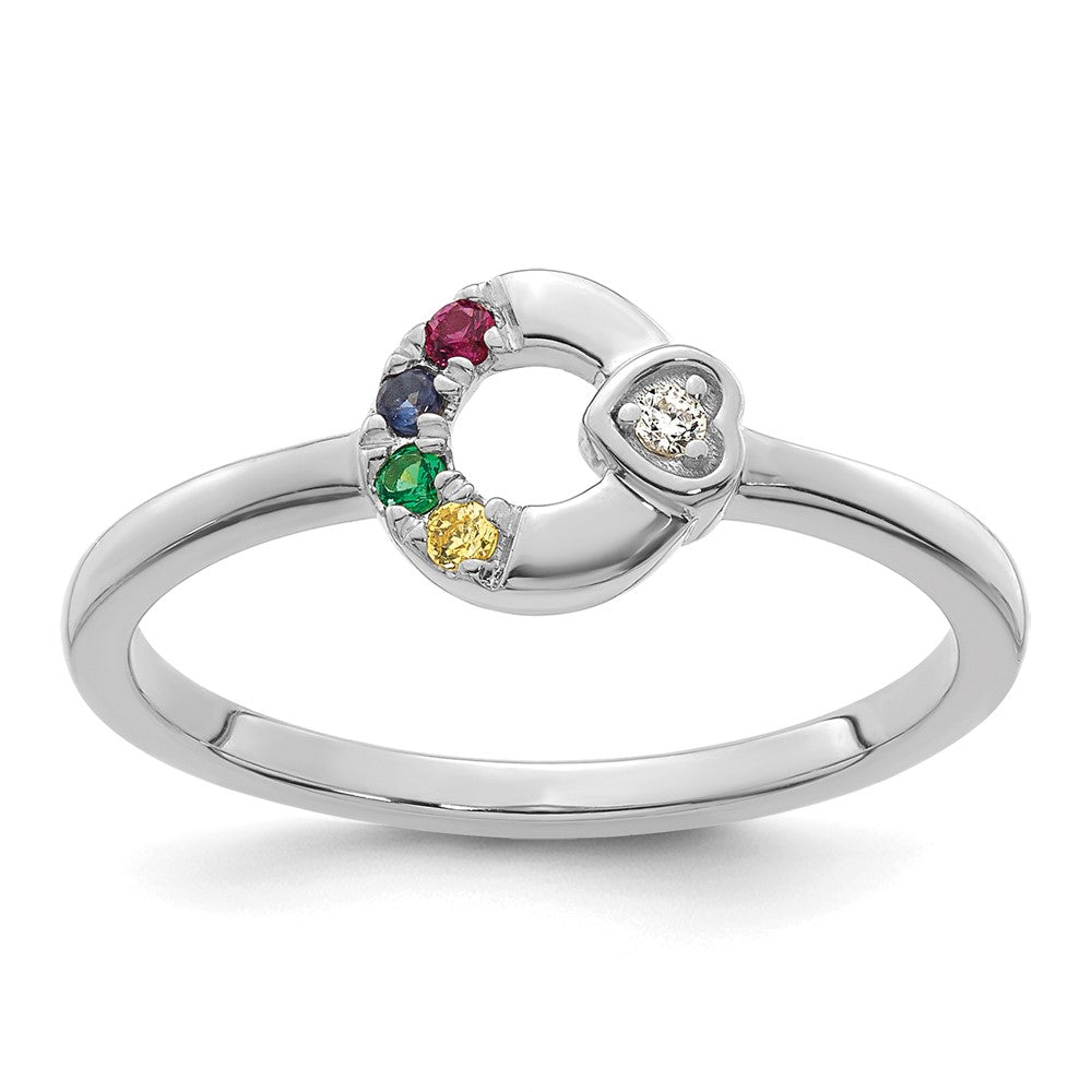 14K Weißgold Diamant Herz mit 4 Synthetisch Geburtsstein Mutter Kreis Ri