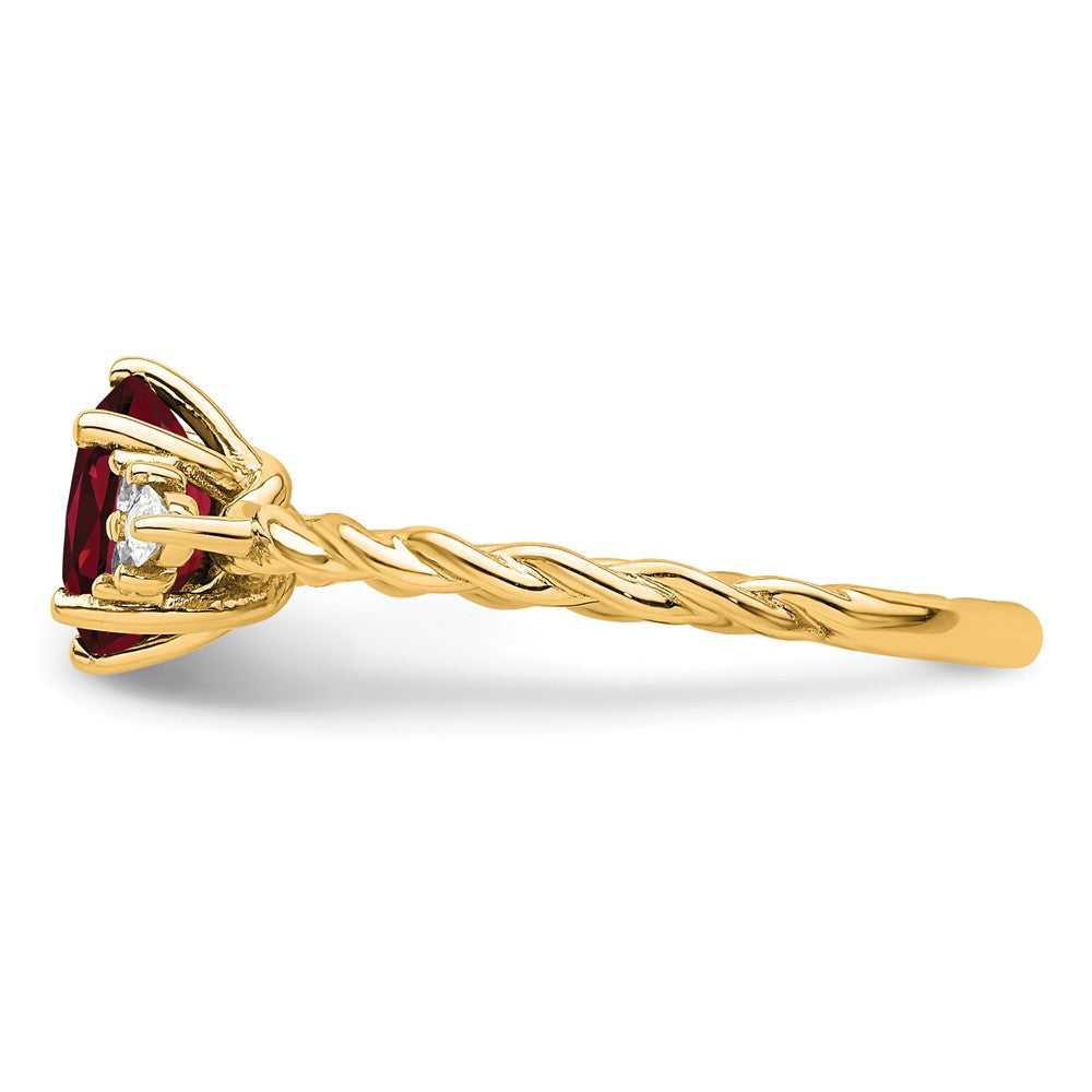 14K Gelbgold Diamant- und Rubin (7x5 oval, Juli/labor­gezüchtet) Ring, gedreht, Größe 7