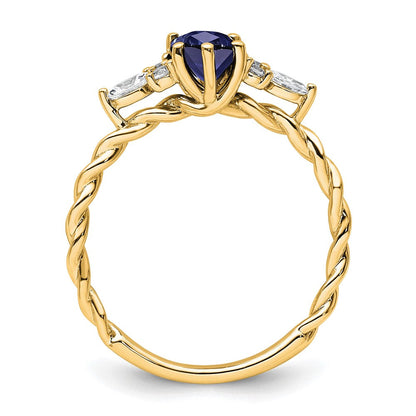 14K Gelbgold Ring mit Diamant und ovalem 7x5 mm September/im Labor gezüchtetem Saphir, gedreht, Größe 7