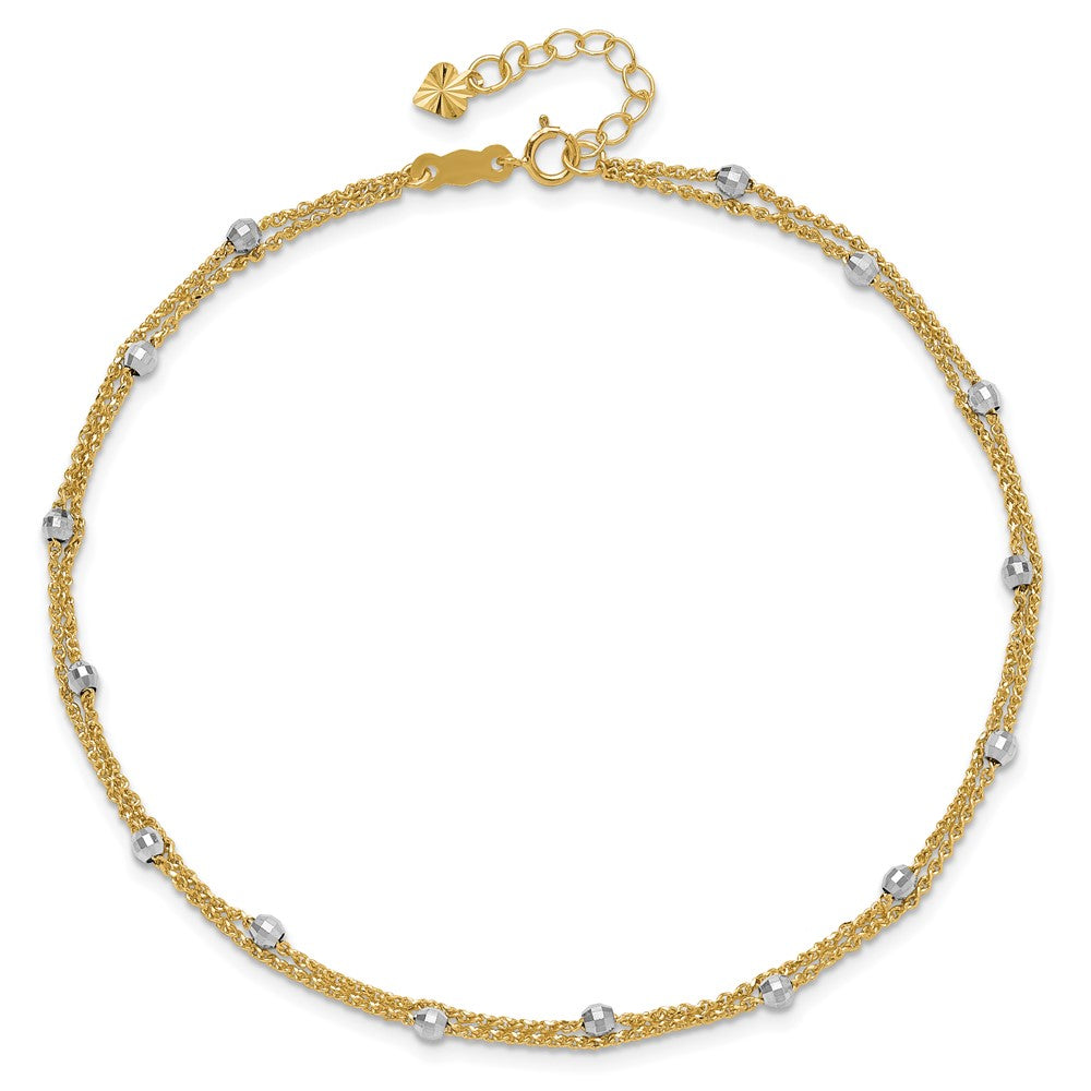 14K Bicolor Gold Bicolor 2-strand Kette mit Mirror Perlen 9 Zoll Plus 1 Zoll Verlängerung - Total 10 Zoll Fußkettchen