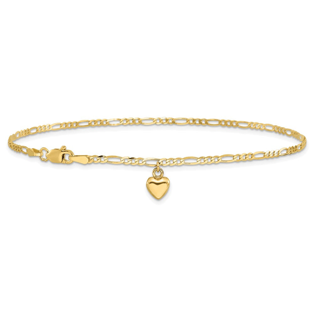 14K Gelbgold Figaro Glieder Kette mit Dangling Gewölbt Herz Fußkettchen