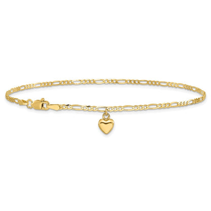 14K Gelbgold Figaro Glieder Kette mit Dangling Gewölbt Herz Fußkettchen