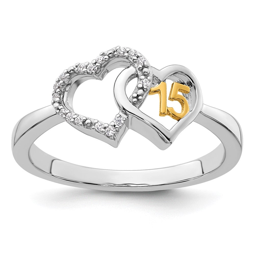 14K Bicolor Gold Polierter Diamant-Quinceañera-Doppelherz-Ring