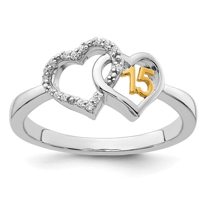 14K Bicolor Gold Polierter Diamant-Quinceañera-Doppelherz-Ring
