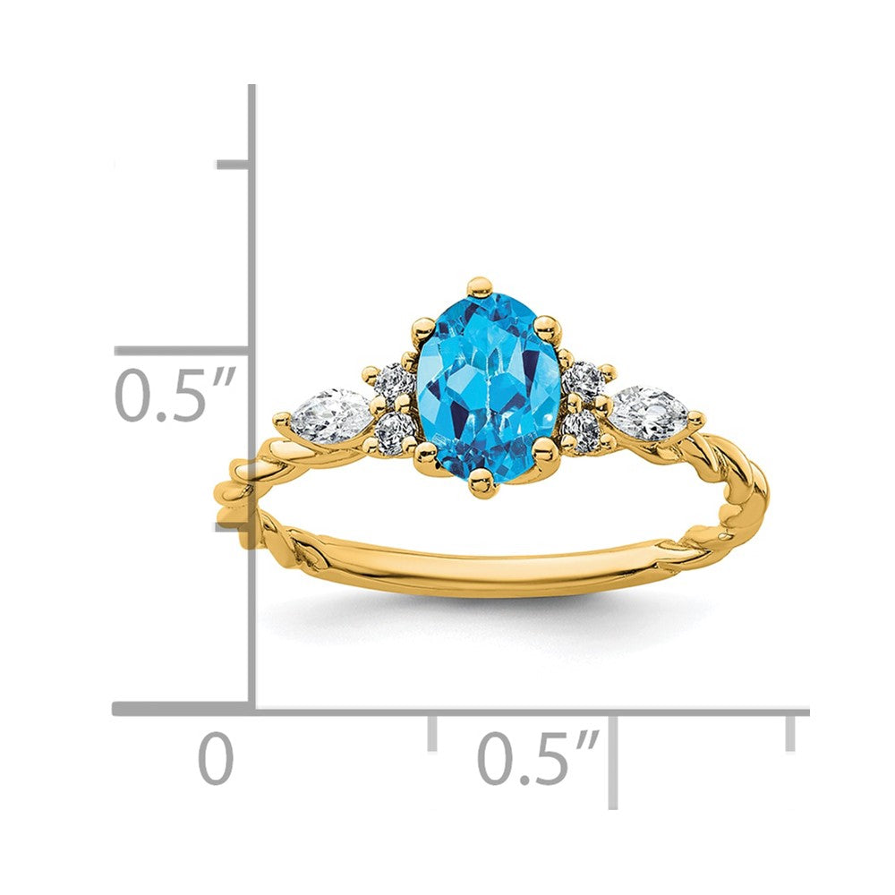 14K Gelbgold Ring mit Diamanten und 7x5 ovalem Dezember-/Blautopas, Größe 7, gedreht