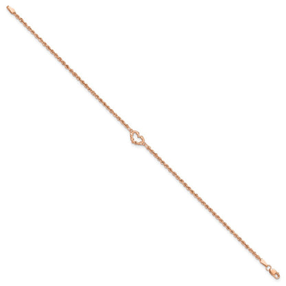 14K Roségold Diamantiert Offen Herz und Kordel Gliederarmband
