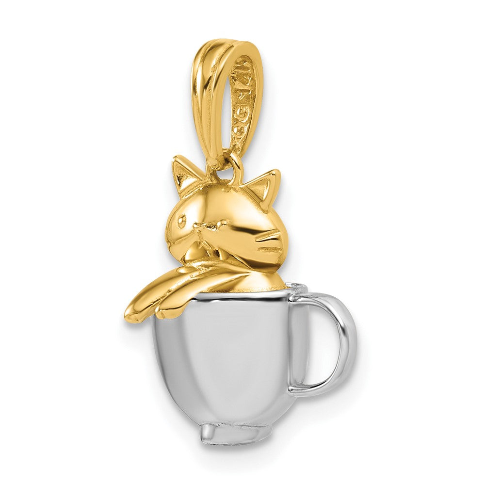 14K Gelbgold mit Rhodium poliert 3-D Katze in Tasse Charm
