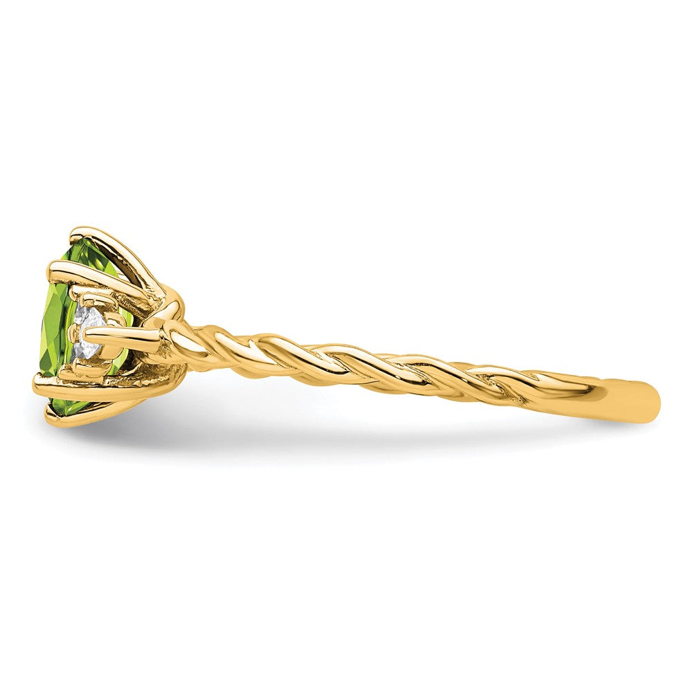 14K Gelbgold Ring mit Diamant und 7x5 ovalem August-/Peridot-Stein, Größe 7, gedreht
