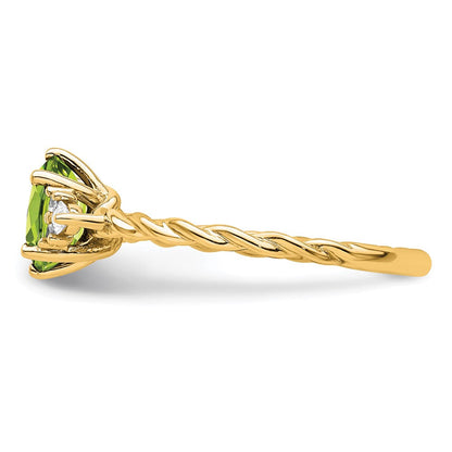 14K Gelbgold Ring mit Diamant und 7x5 ovalem August-/Peridot-Stein, Größe 7, gedreht