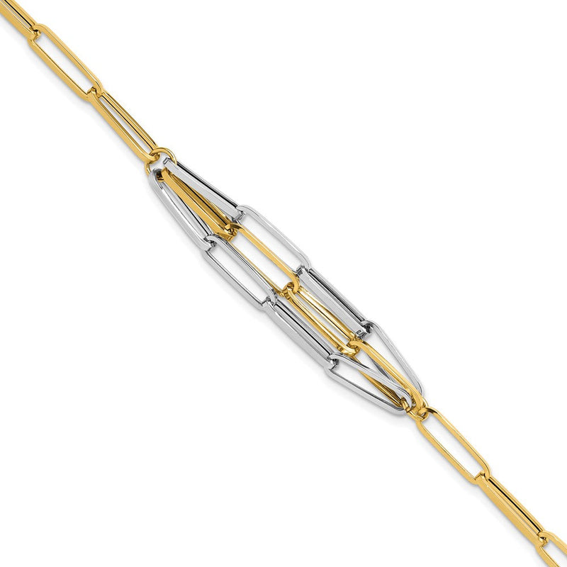 14K Bicolor Gold Bicolor Poliert Fantasie Büroklammer Glieder 7.5 Zoll Armband