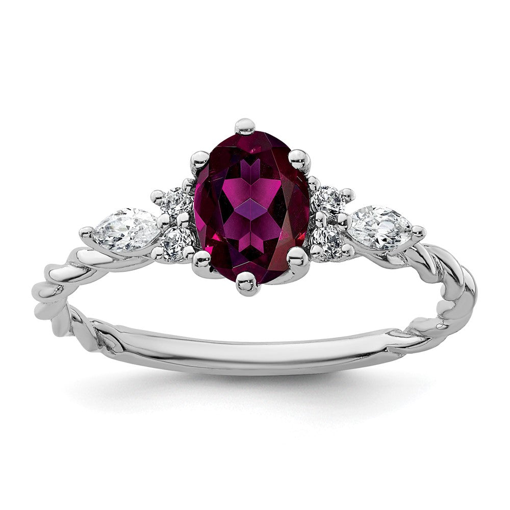 14K Weißgold Diamant- und 7x5 Oval Juni/Rhodolith-Granat-Ring mit gedrehtem Design, Größe 7