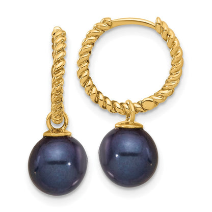 14K Gelbgold 7-8mm Schwarz und Süßwasser Zuchtperle Removable Hängend Creolen