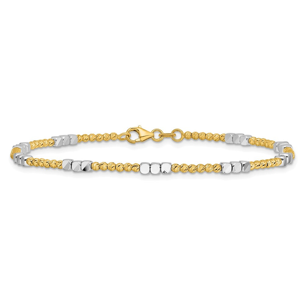 14K Bicolor Gold Bicolor Diamantiert Rund und Quadratisch Gekugelt 7.5 Zoll Armband